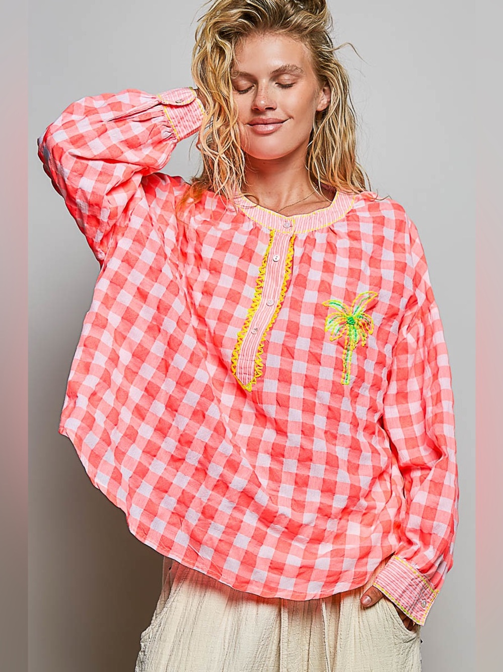 POL Gingham Embroidered Palm Tree Blouse - Picture 3 of 7